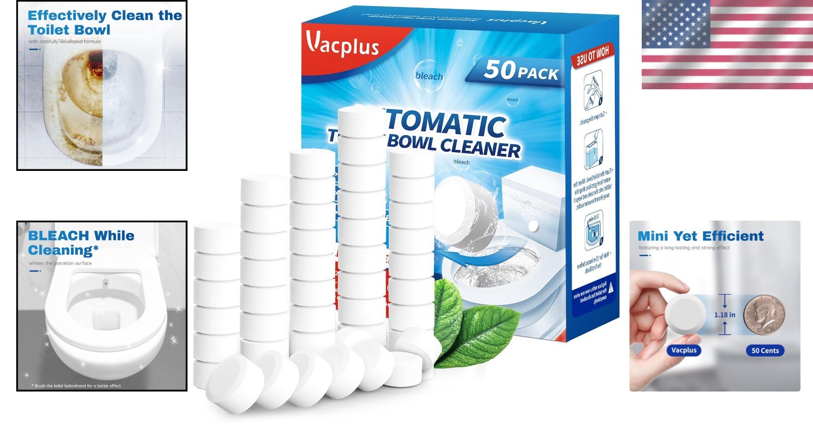 Bleach Scent Toilet Bowl Cleaner Tablets – Automatic 50 Pack for Odor Control