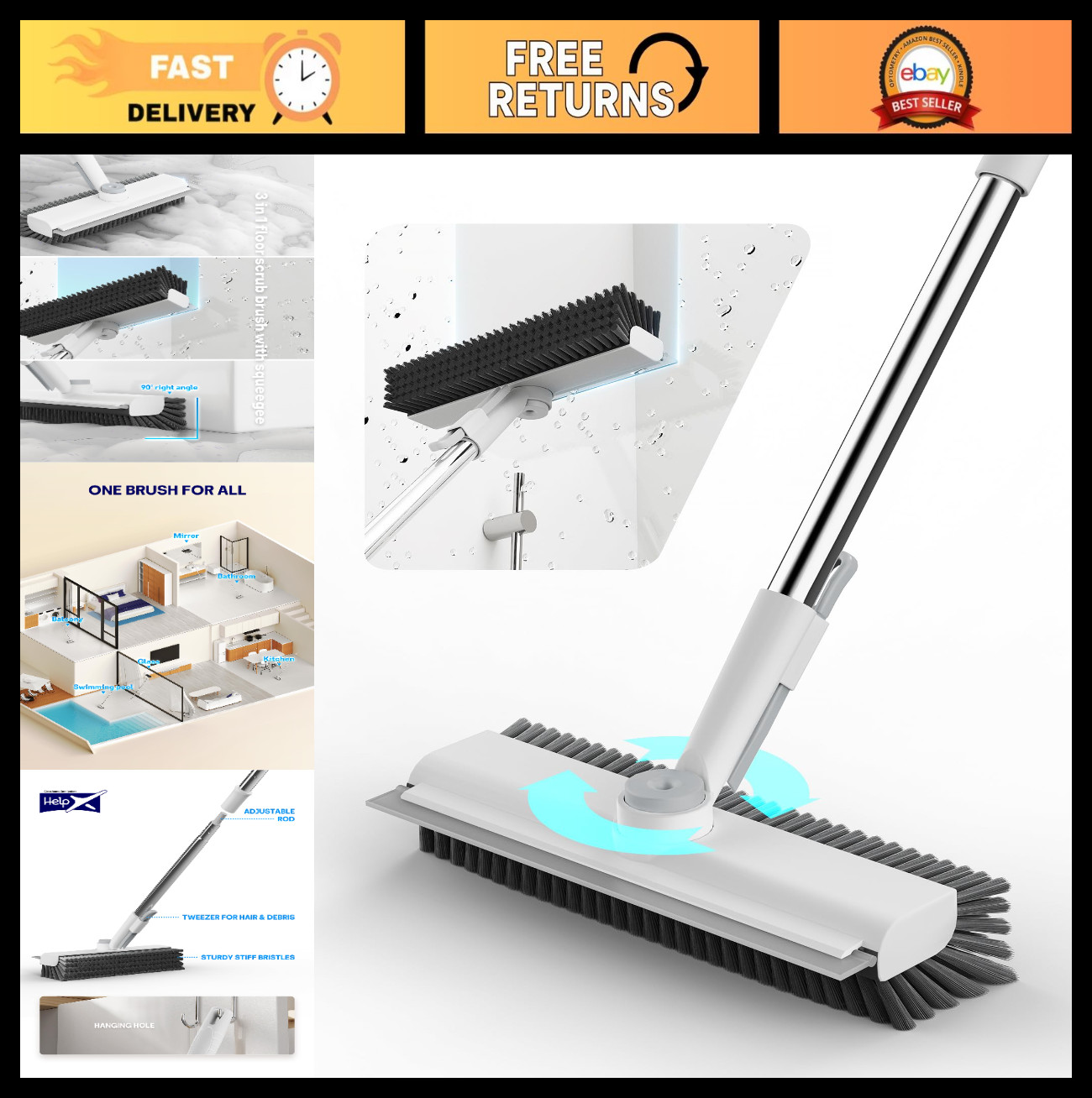 Heavy-Duty Floor Scrub Brush with Long Handle, 3-in-1 Stiff Bristles & Squeegee