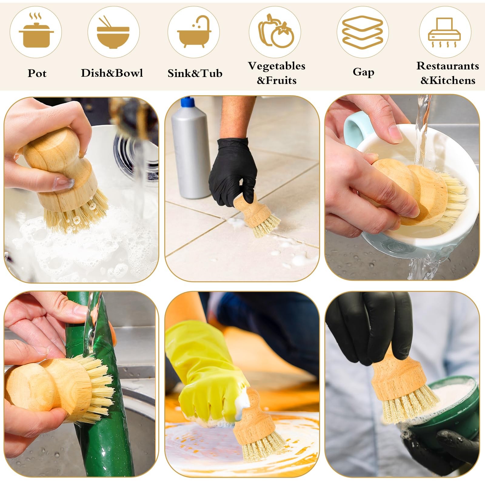 12 Pcs Bamboo Dish Scrub Brushes with Natural Sisal Bristles for Cleaning Pots