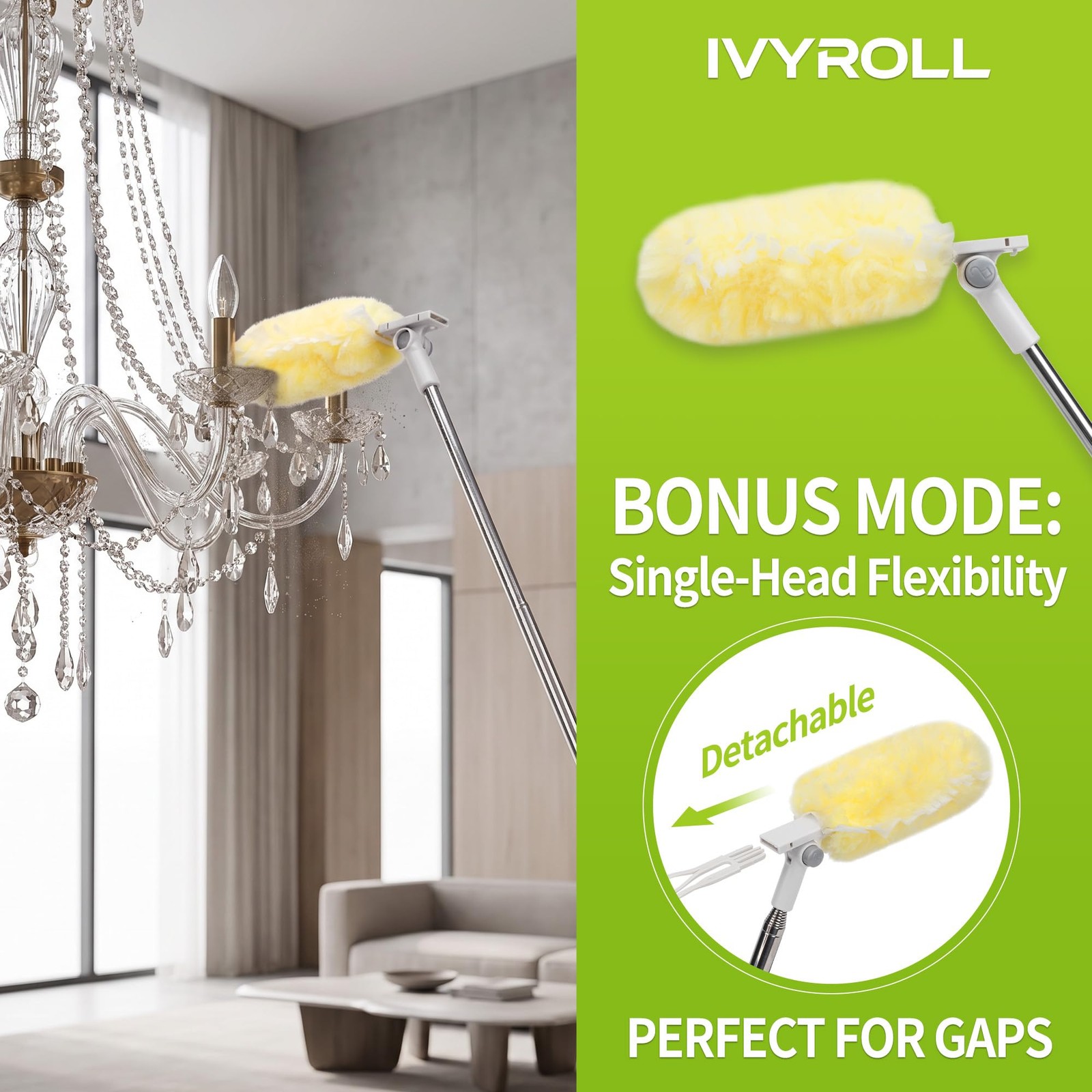 IVYROLL Dual Head Duster with Extended Handle 6 ft, Lockable Extendable Duste…