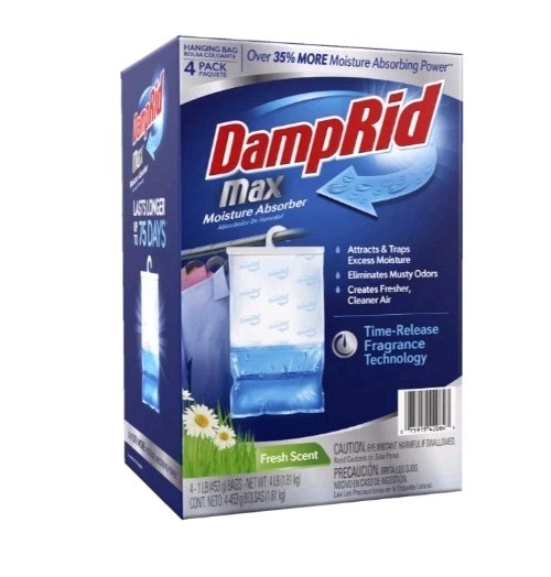 DampRid Max 4pk Moisture Absorber Hanging Bag Fresh Scent Eliminates Musty Odors