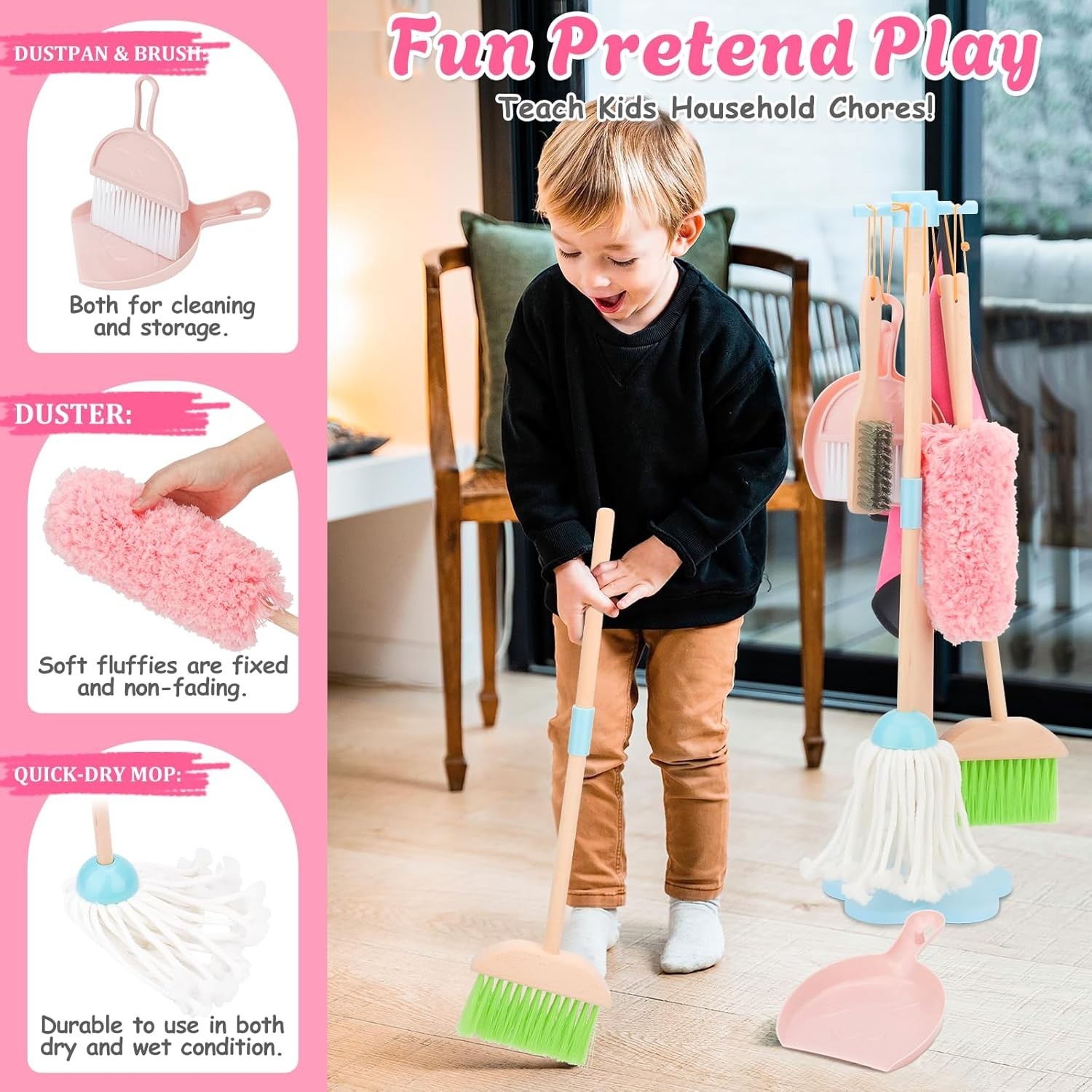 Kids Cleaning Set Wooden Toddler Broom Mop Playhouse Housekeeping Toy for Ages 3