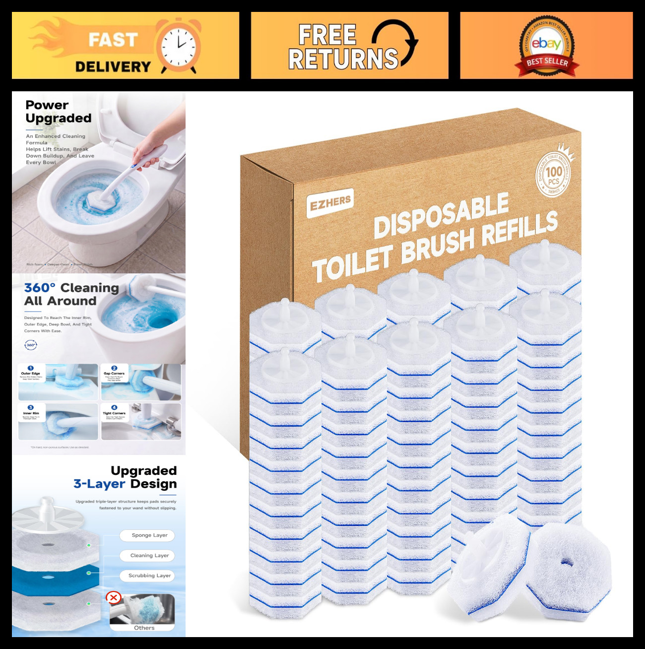 100 Toilet Wand Refills – 5X Cleaning Power, 3-Layer High-Density Foam Cleaners
