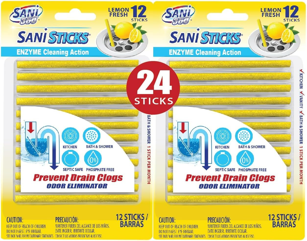 Sani Sticks Drain Cleaner and Deodorizer, 24 Count, Lemon Scent Enzyme Pipe Clea