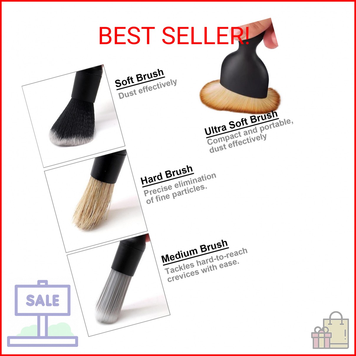 4 PCS Car Detailing Brush Set for Cleaning Interior or Exterior, Boars Bristle D