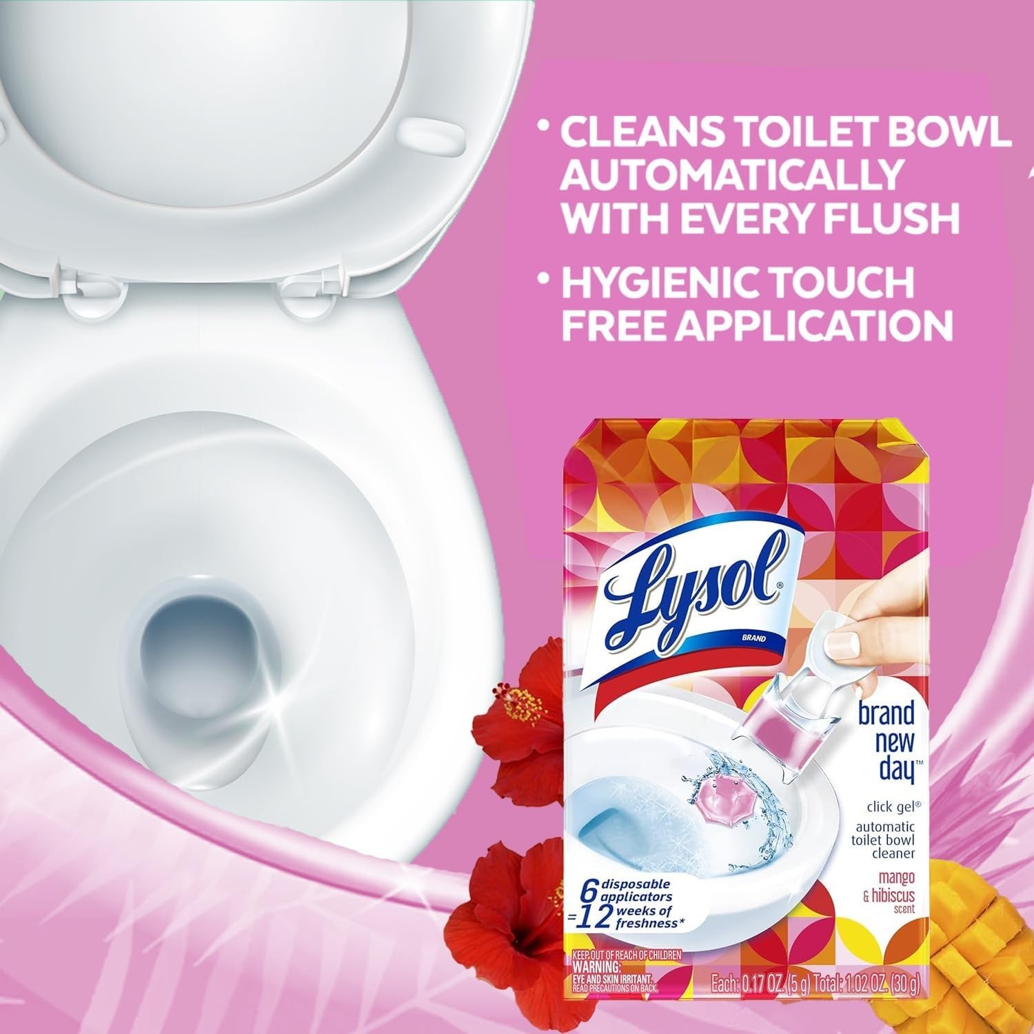 Lysol Click Gel Automatic Toilet Bowl Cleaner, Mango & Hibiscus Scent, 6 Count