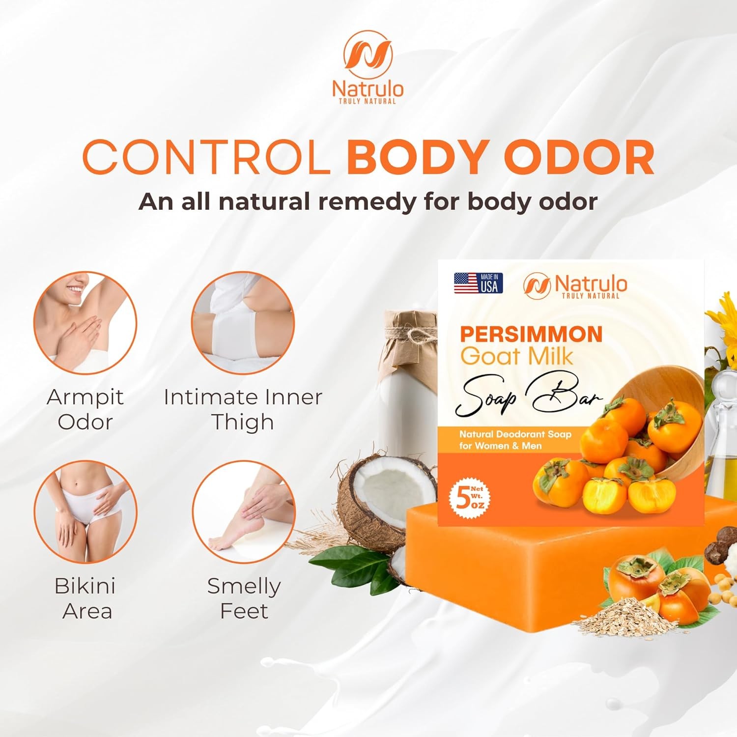 Persimmon Soap Bar for Body Odor Control – Purifying Deodorizing Body Wash with