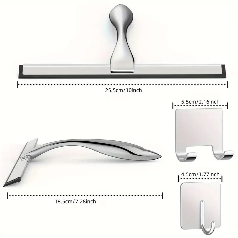 Stainless Steel Shower Squeegee for Glass Doors & Mirrors with 2 Adhesive Hooks