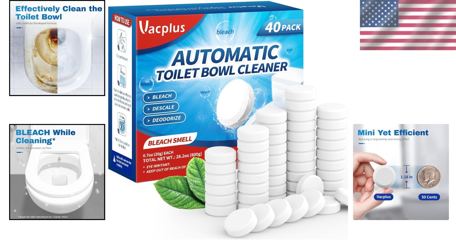Bleach-Infused Toilet Bowl Cleaner Tablets – 40 Pack for Stains & Odor Control
