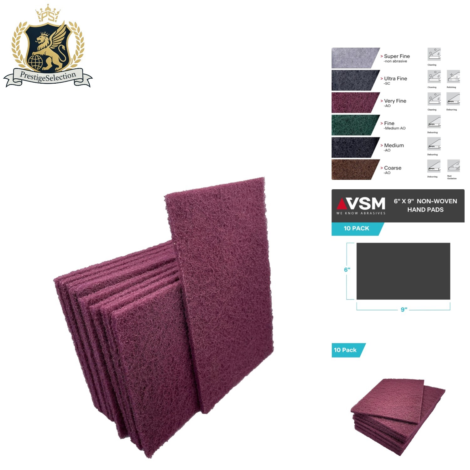 Heavy Duty Non-Woven Abrasive Pads 6″ x 9″ – Very Fine Aluminum Oxide, Set of 10