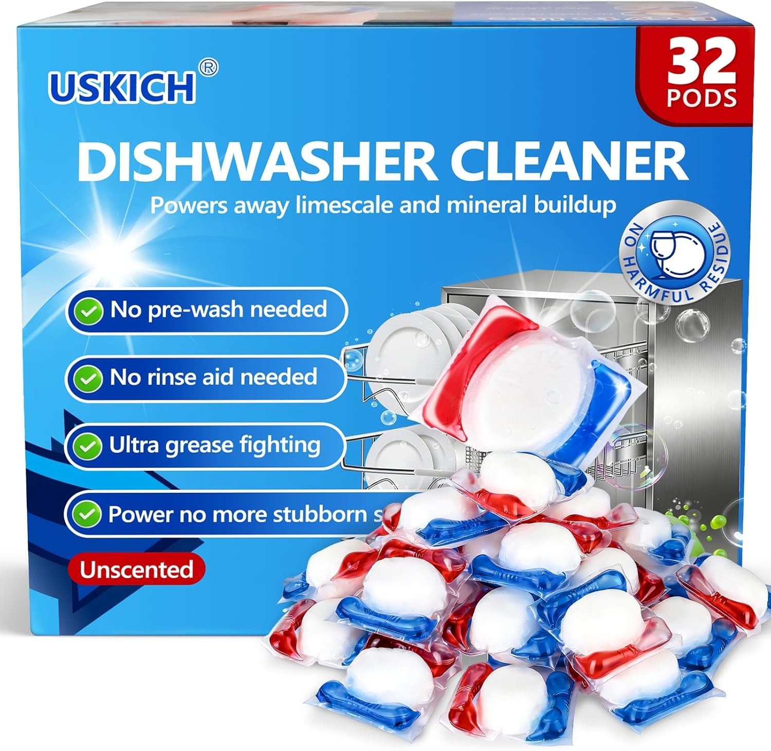 32 Count Dishwasher Pods, No Pre-Rinse Dishwasher Detergent Soap