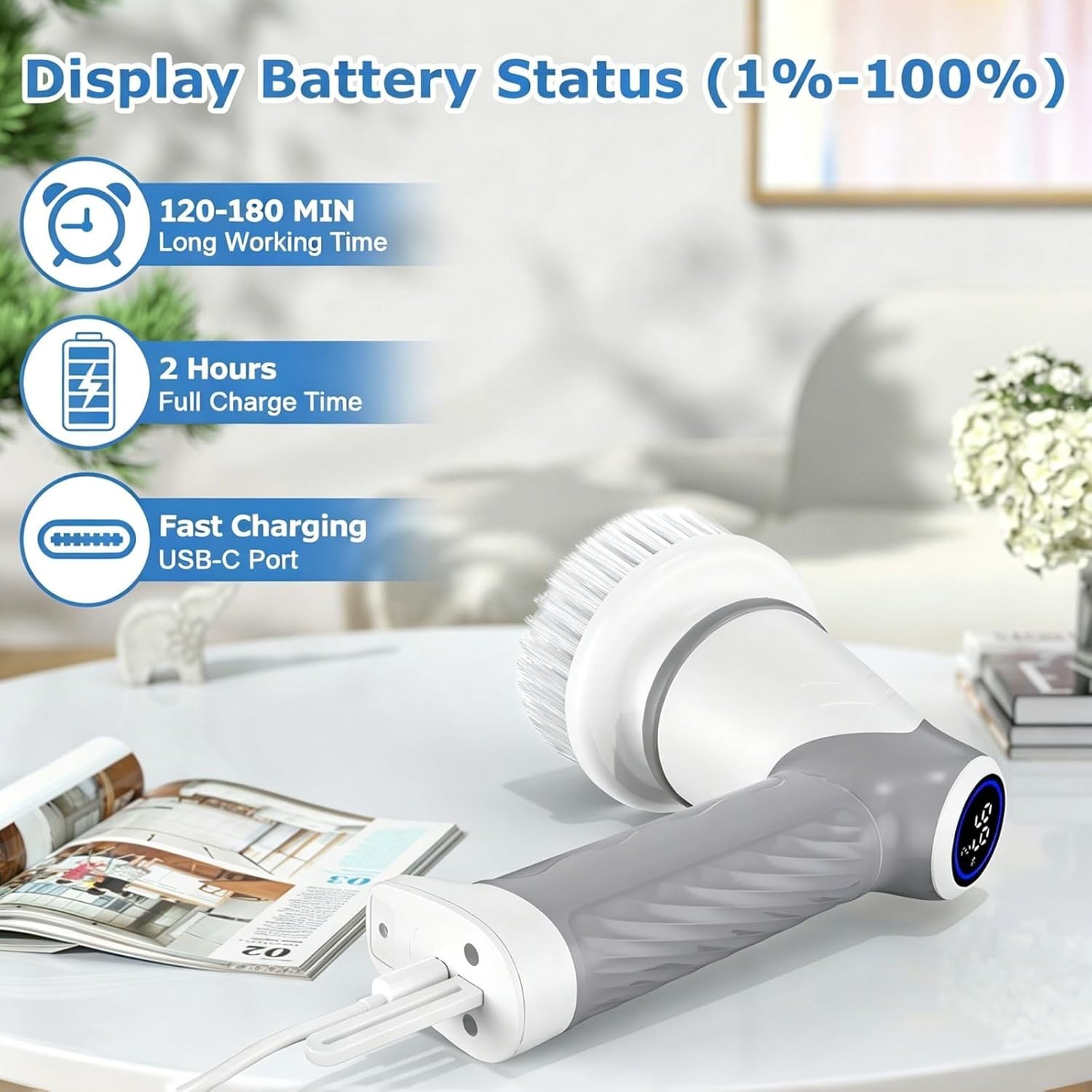 Cepillo eléctrico giratorio inalámbrico con 7 cabezales reemplazables, doble vel