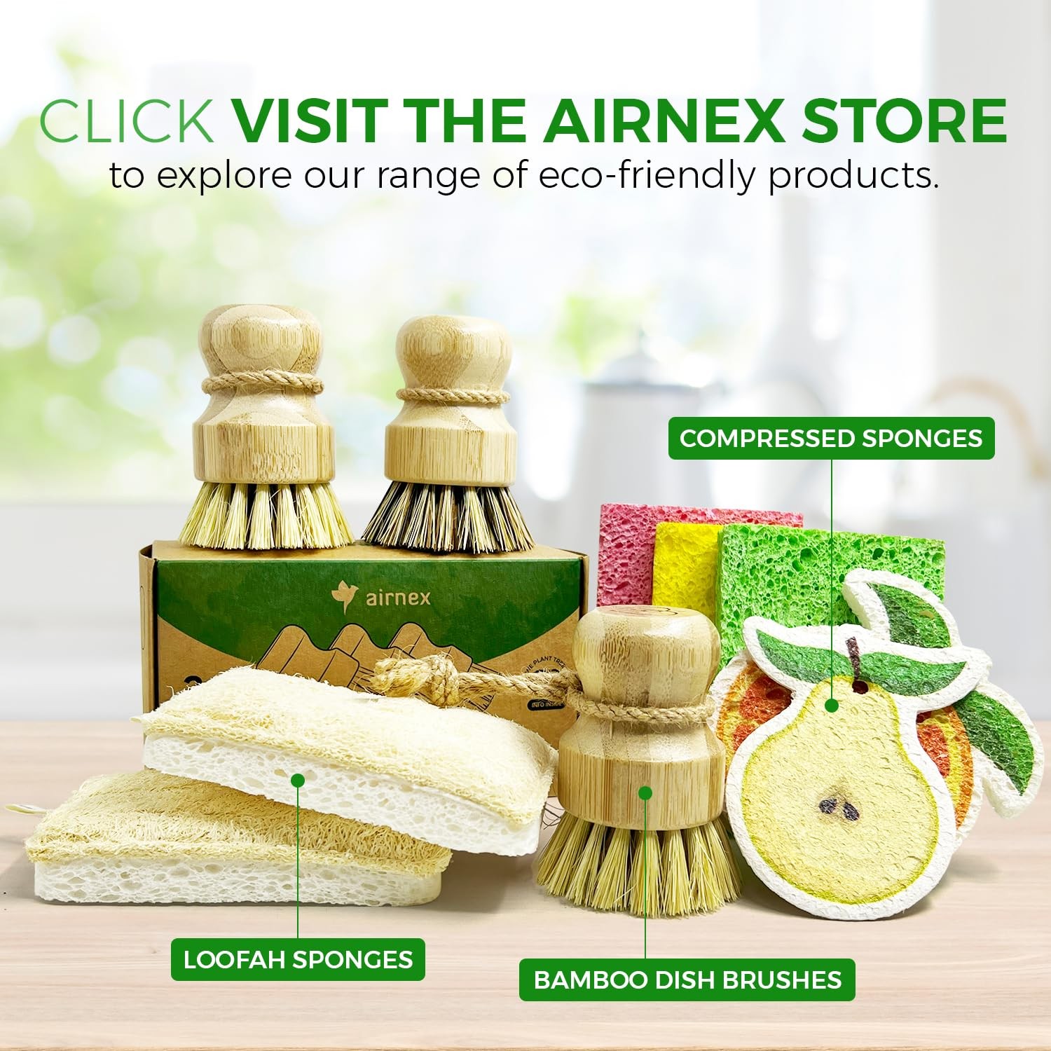 Bamboo Dish Brush Set of 3 – Natural Wooden Dish Scrubber w/Medium Stiff Sisa…