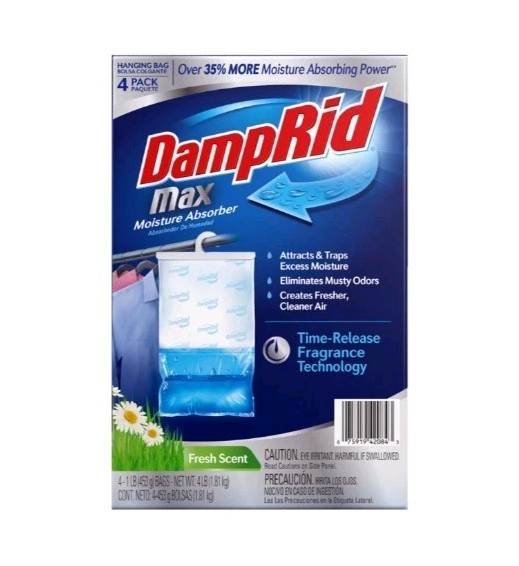 DampRid Max 4pk Moisture Absorber Hanging Bag Fresh Scent Eliminates Musty Odors