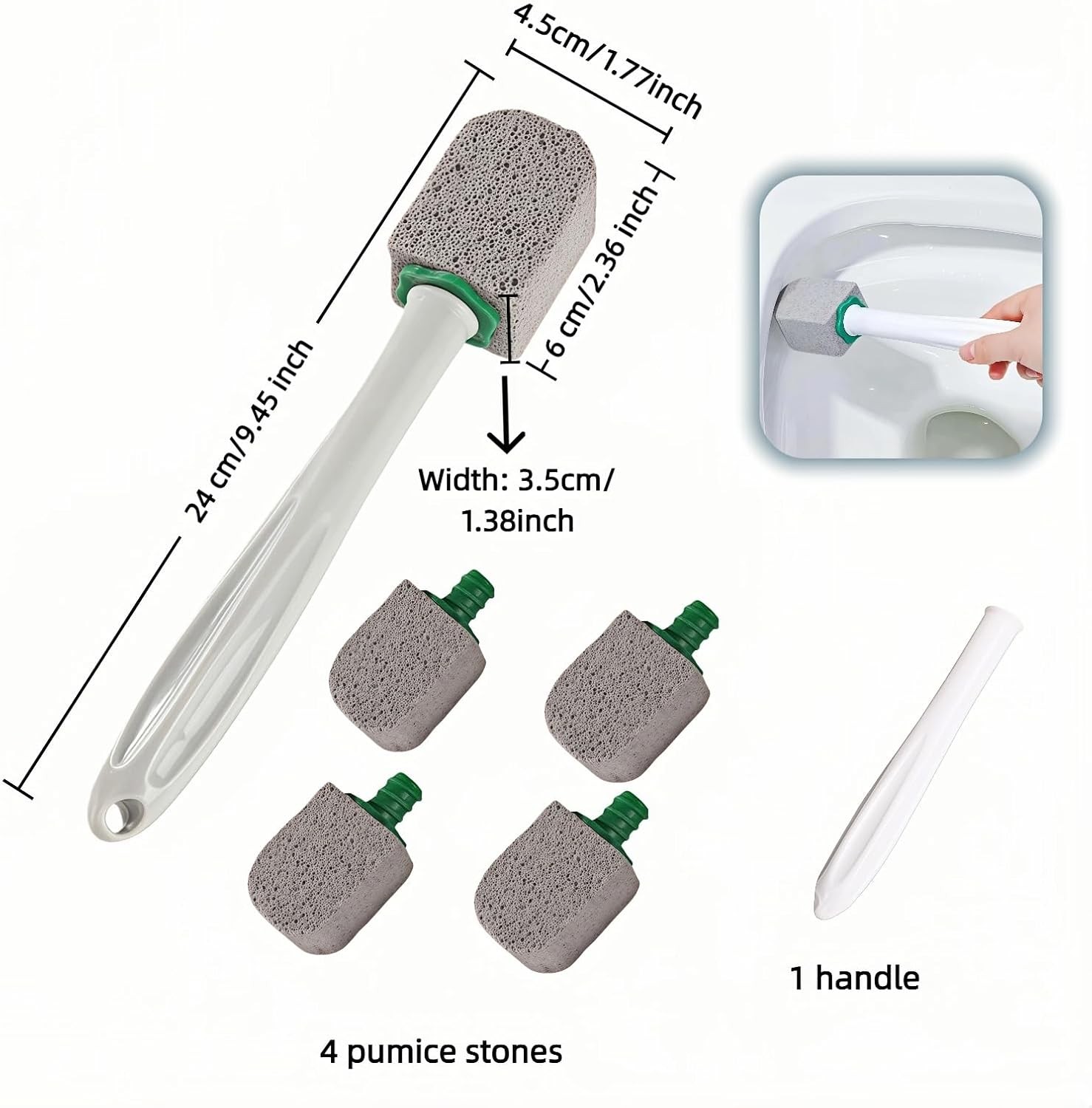 Pumice Toilet Brush Scrubber W/ 9.5” Handle 1 Scrubber 4 Pumice Stones Remove