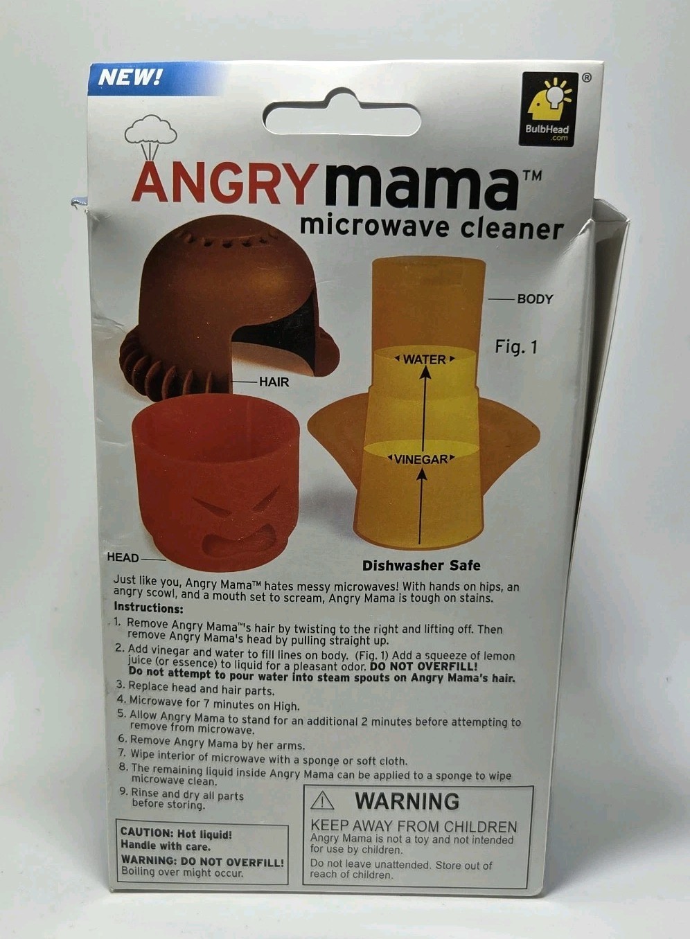 NIB Bulbhead Angry Mama Microwave Cleaner Steams Away Stains Odors Red/Yellow