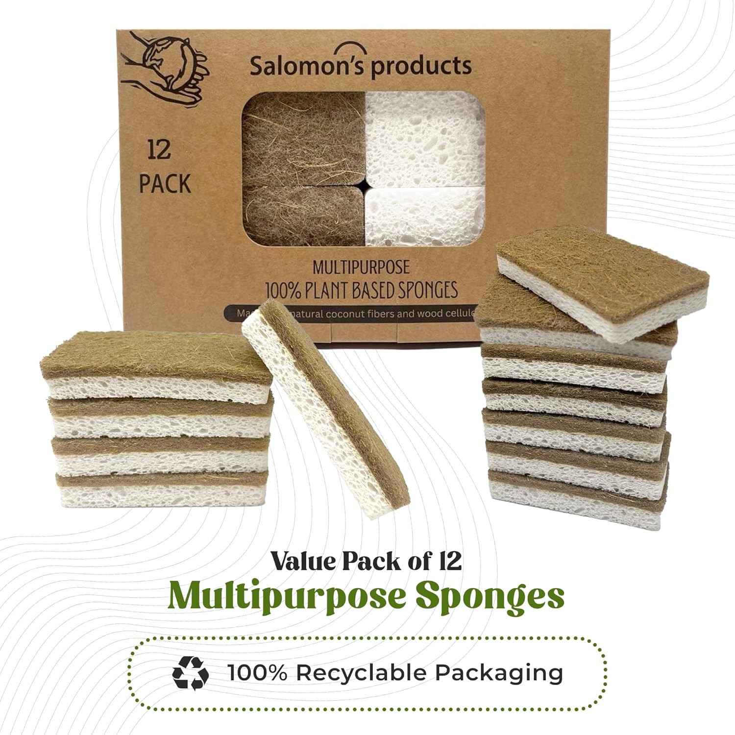 12 Pack Natural Kitchen Sponges – Biodegradable, Compostable, Sustainable Wood