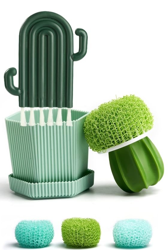 INSPIRETAG Kitchen Cleaning Brush Set with Holder & Drip Tray – 3 Head Cactus…