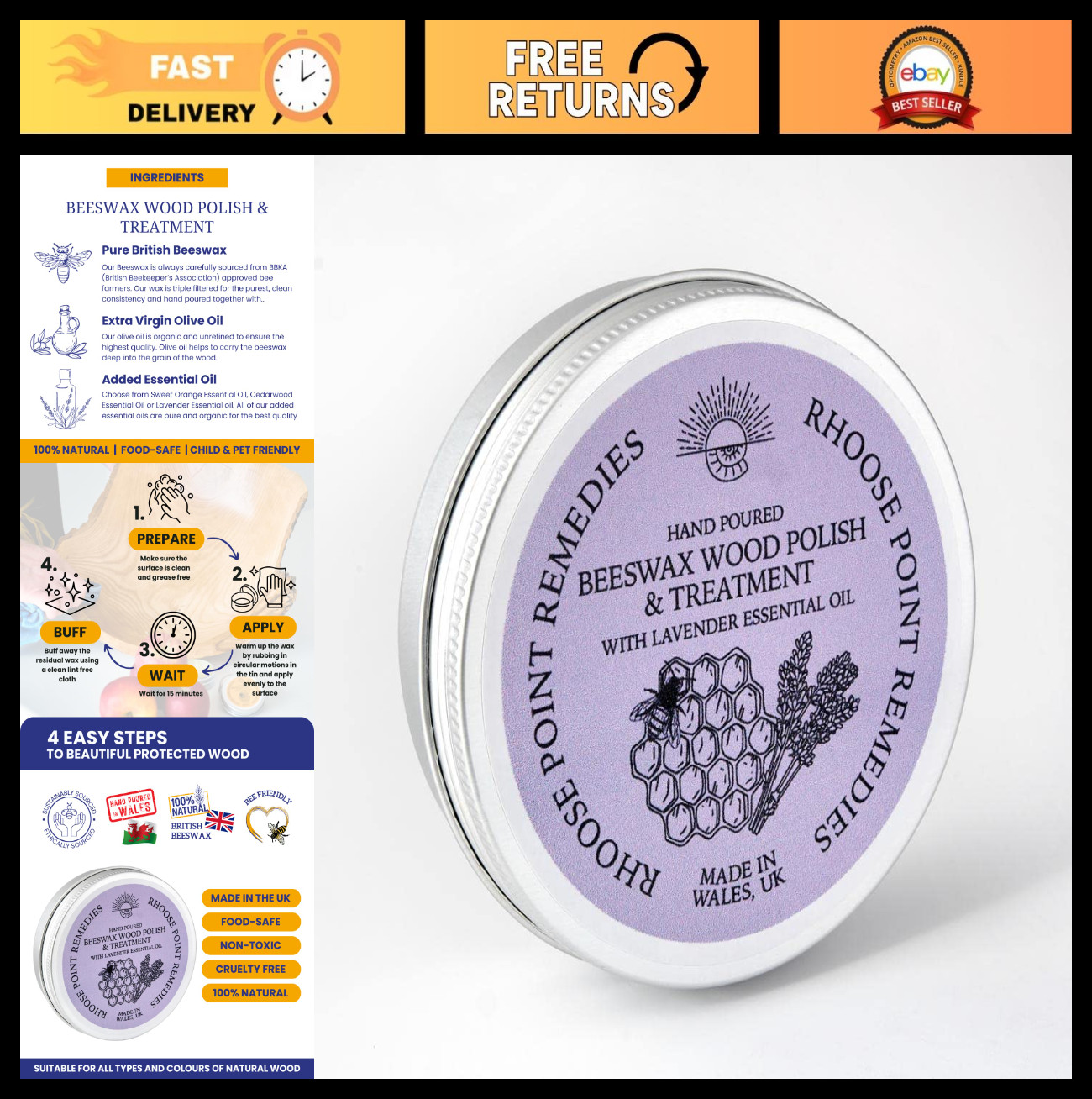 Beeswax Furniture Polish & Conditioner – Lavender 3.4oz, Enhances & Protects Woo