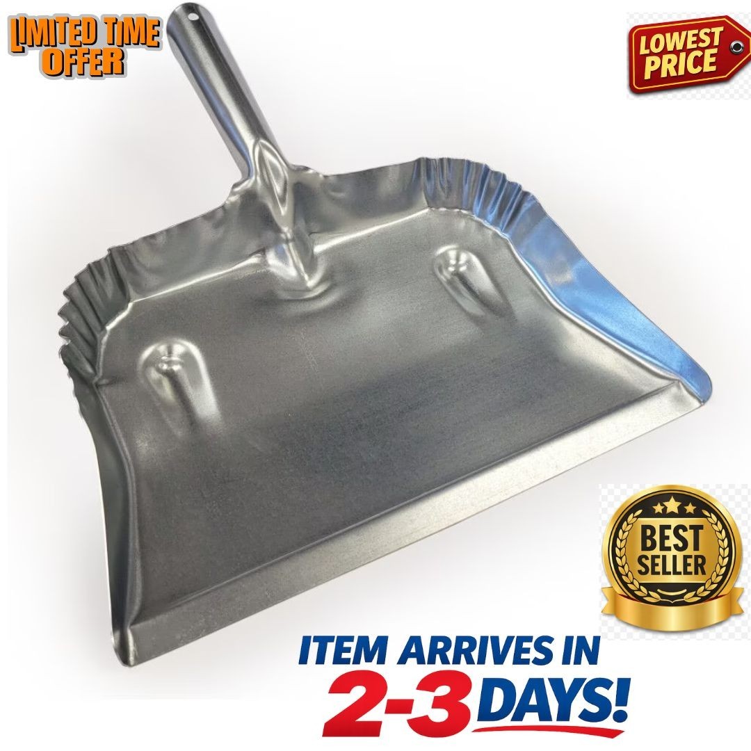 Heavy Duty Galvanized Steel Dustpan W/ Long Handle Workshop Home & Garage Silver