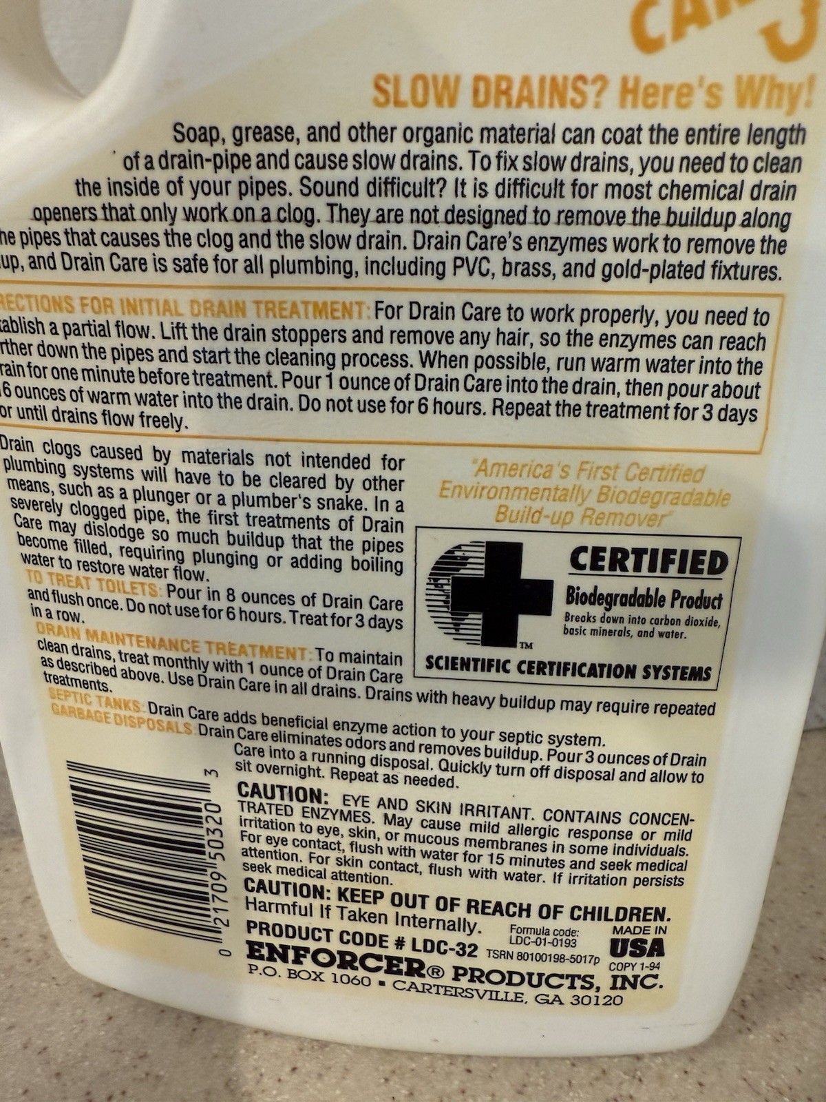 Vintage Liquid Drain Care Build Up Remover By Enforcer 1994 New Sealed