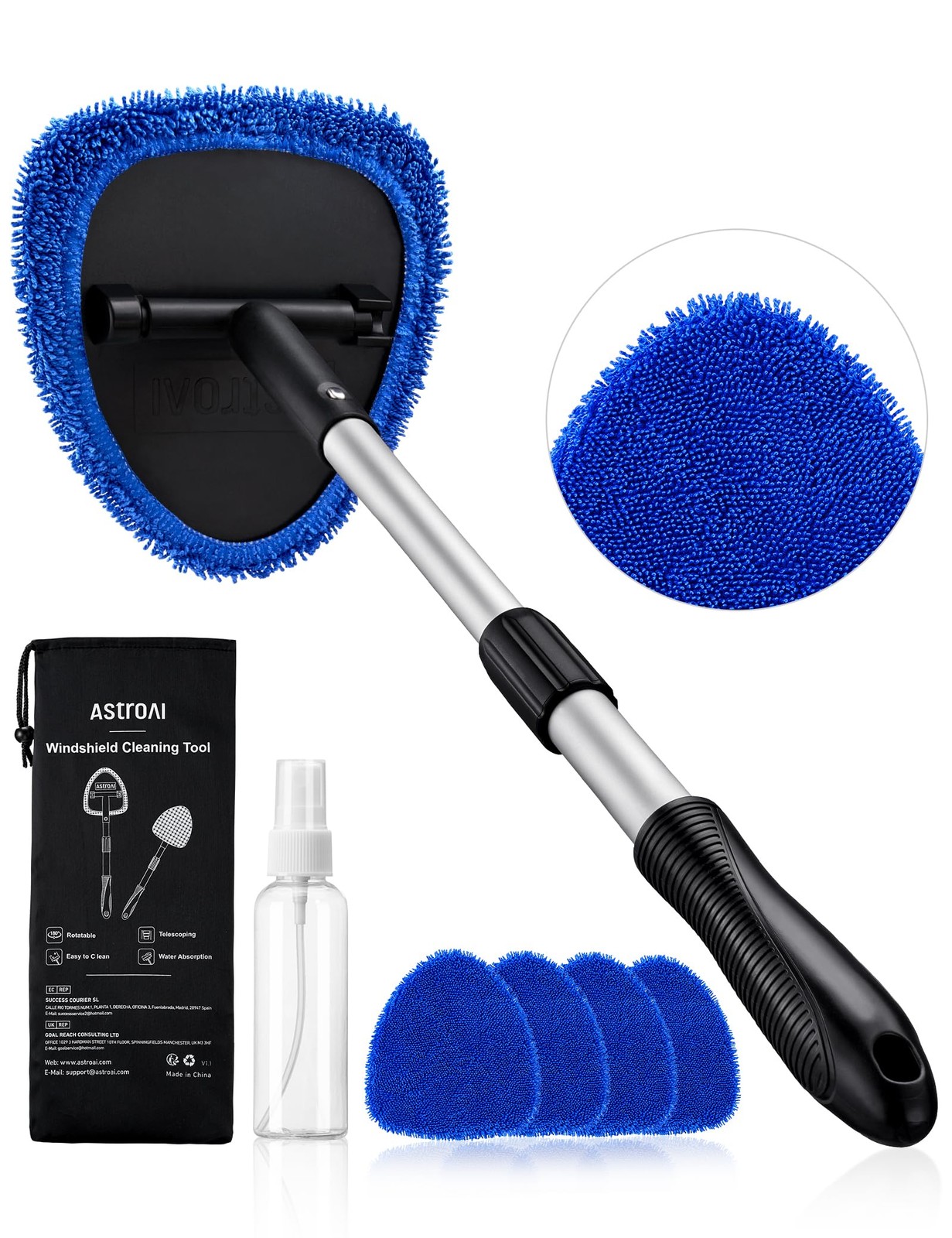 Windshield Cleaner Tool Extendable Handle Microfiber Pads Auto Glass Wiper Brush