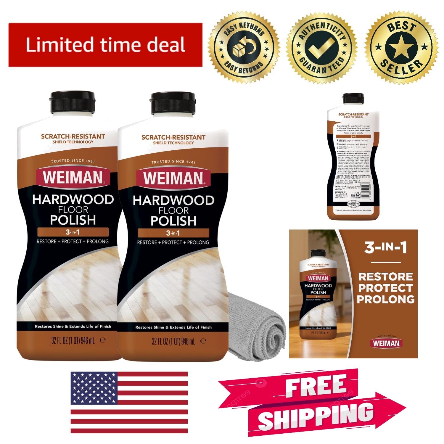 Wood Floor Polish & Restorer 32 Oz – Citrus, Safe for Kids & Pets, 3PC Bundle
