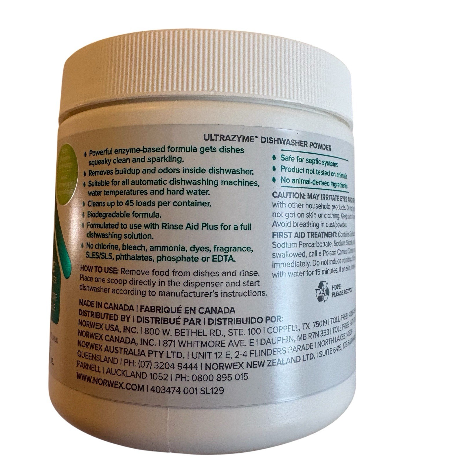NEW Norwex UltraZyme Dishwasher Powder Enzyme Dish Detergent 45 Loads 15.87 oz