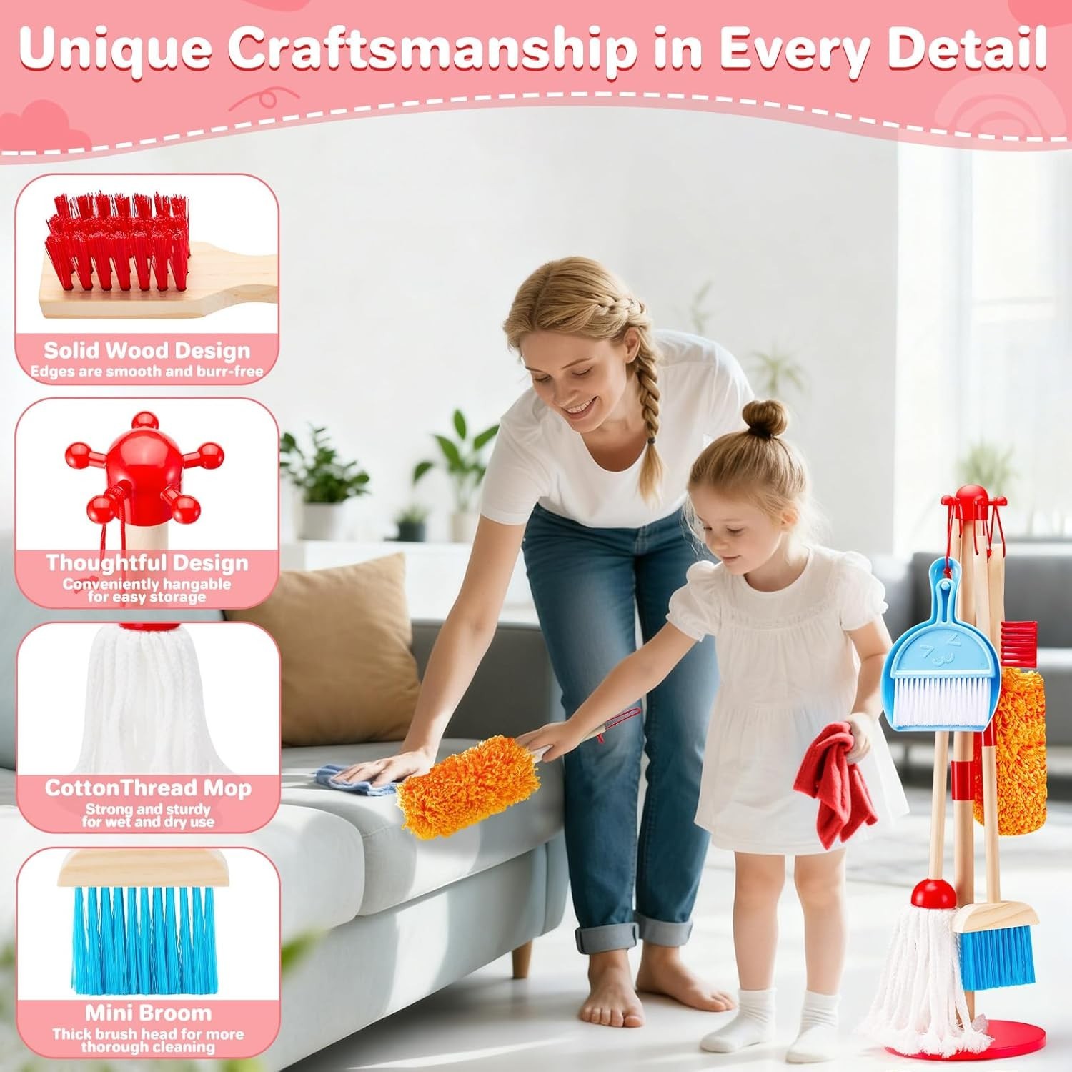 Kids Cleaning Toy Set Wooden Broom and Dustpan 9 Piece Playhouse Housekeeping