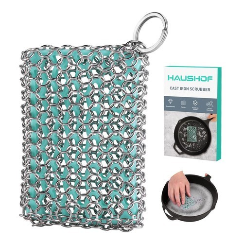 HAUSHOF Cast Iron Scrubber Chainmail Scrubber w/ Silicone Core Cast Iron Cleaner