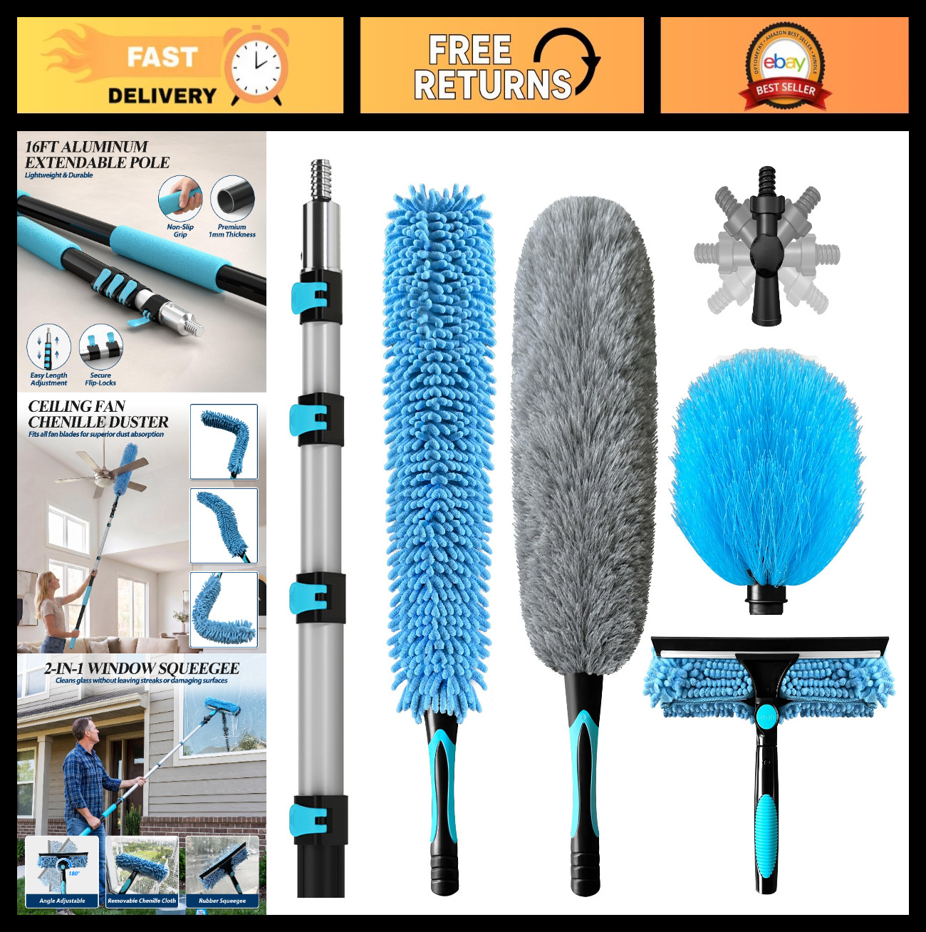 23FT High Duster Cleaning Kit with Extension Poles, Ceiling Fan & Cobweb Duster