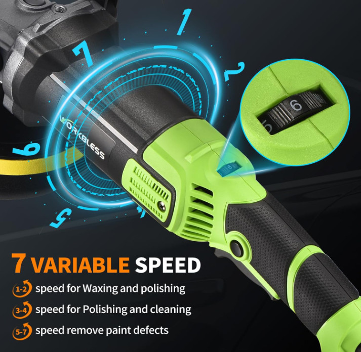 Pulidora Rotativa 1600W 6″/7″ 7 Velocidades 1600-3500RPM Auto Barco Piso, Nuevo