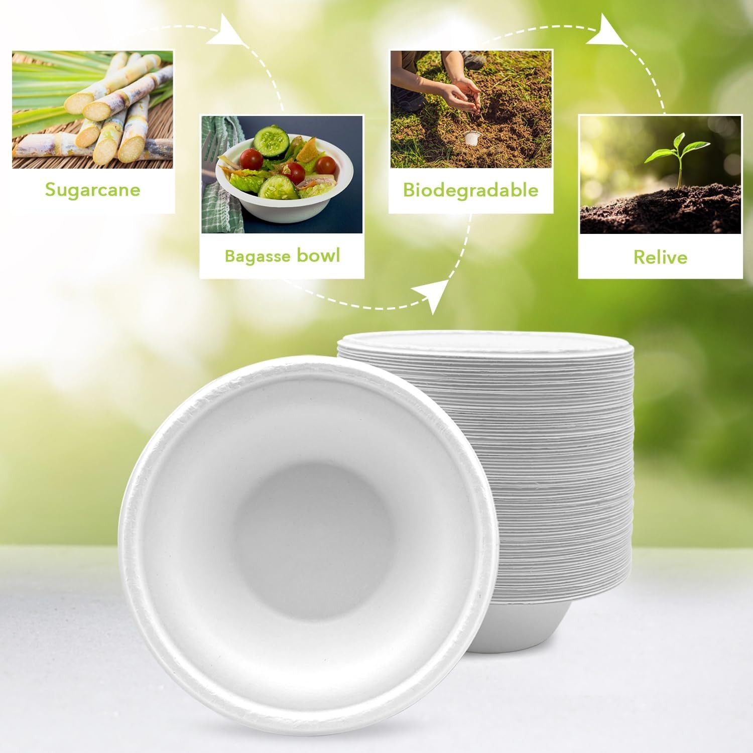 three leaf 8OZ. (240ml) BAGASSE BOWL, 1000 Ct. Heavy-Duty- Super Strong- Natur