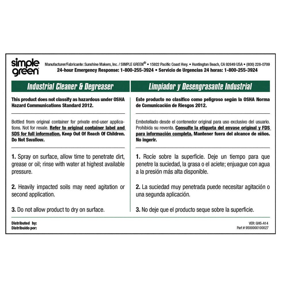SIMPLE GREEN 9510001000027 Secondary Bottle Label,Paper,PK10 40TD96