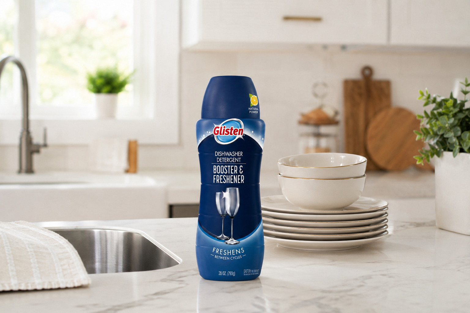 Glisten Dishwasher Detergent Booster & Freshener 28 oz (793g) – 4 Pack – Freshen