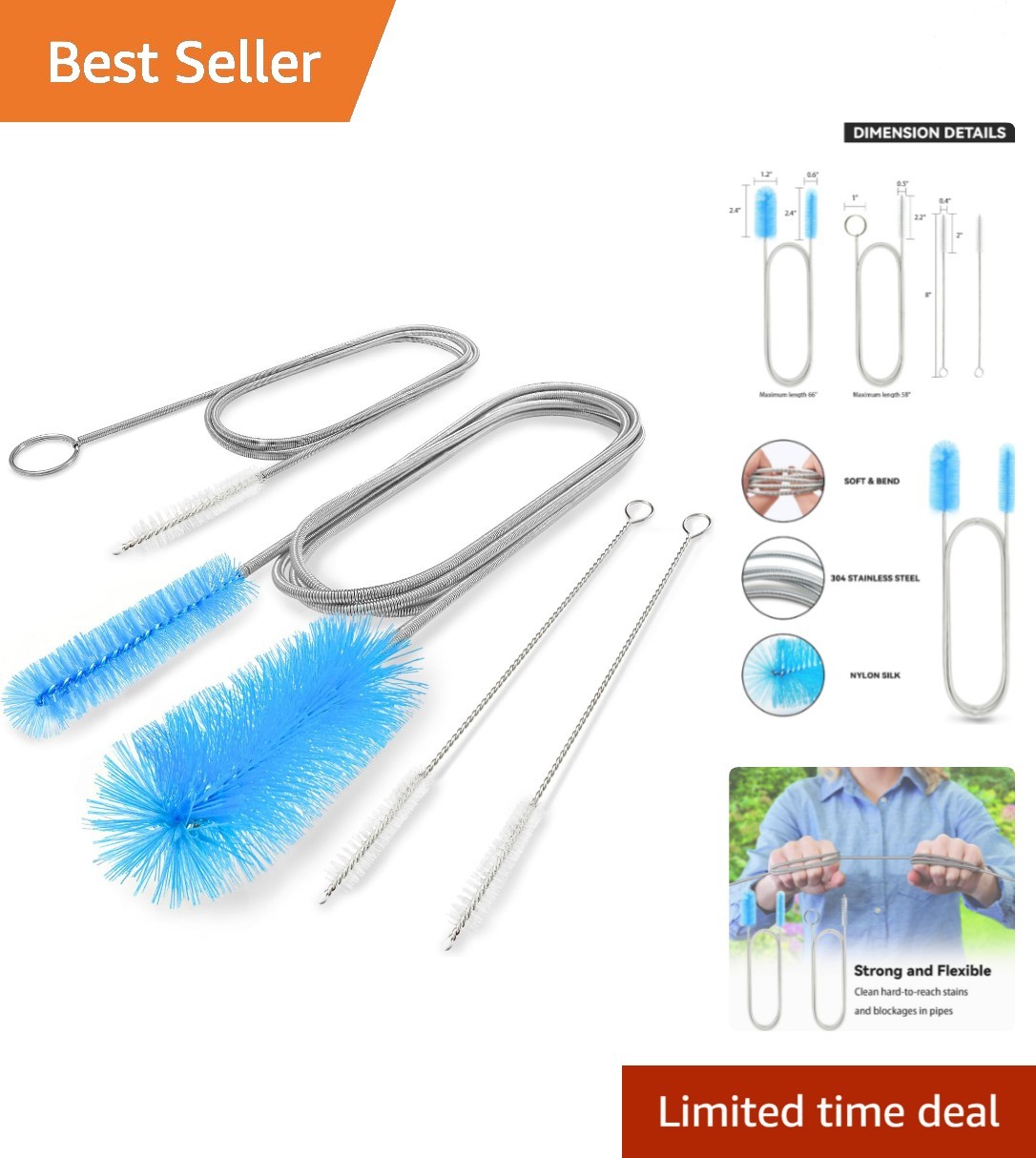66 Inch Flexible Drain Brush & 58 Inch Pipe Cleaner with 8 Inch Straw Brushes