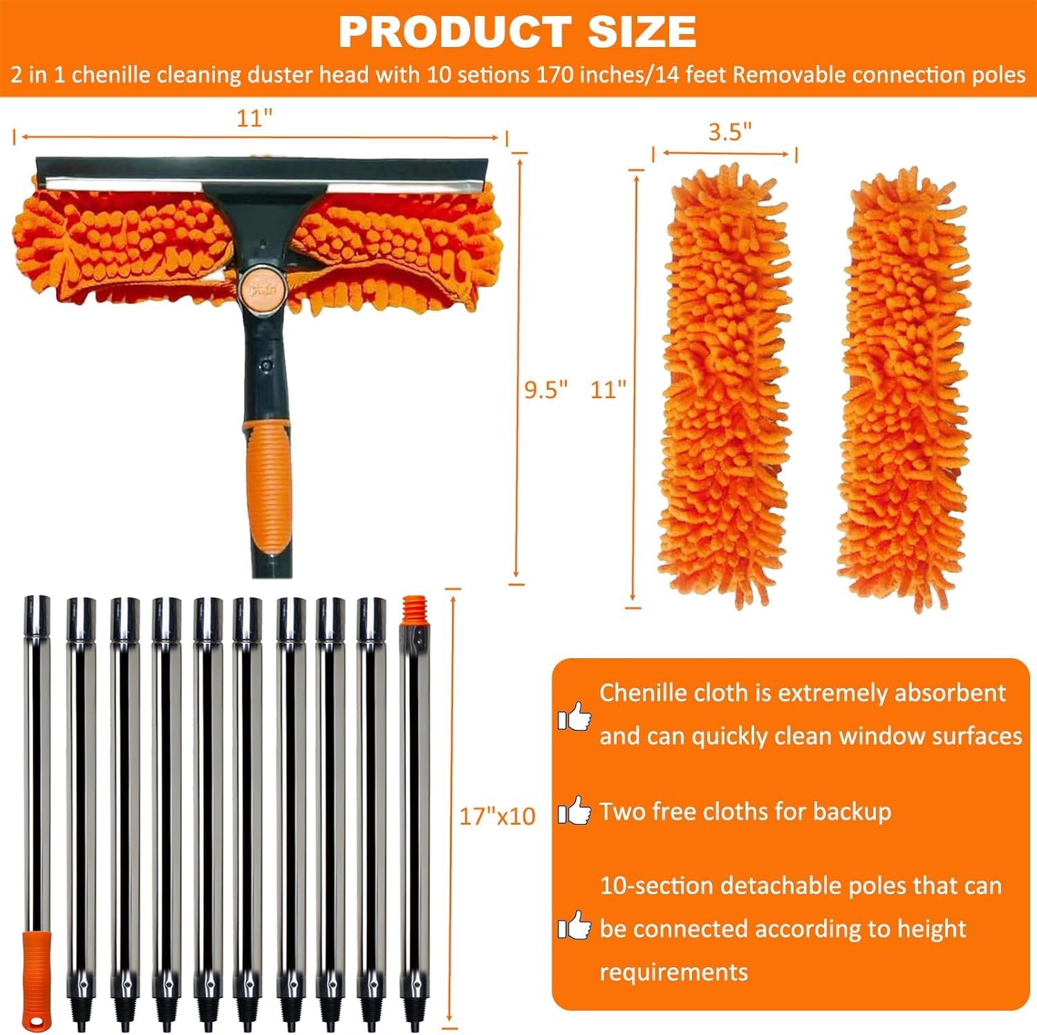 20+ Feet Reach 2 in 1 Window Washing Squeegee & Duster with 3-14 ft Orange
