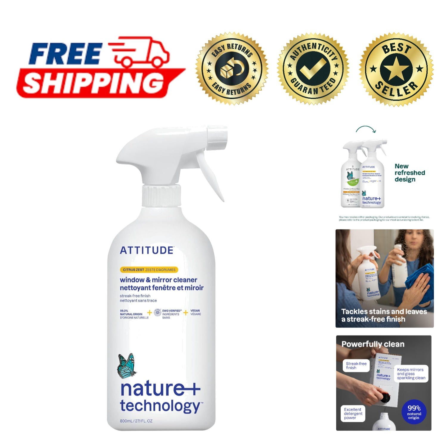 Plant-Based Streak-Free Window Cleaner – Eco-Friendly & Citrus Scent, 27.1 Fl Oz