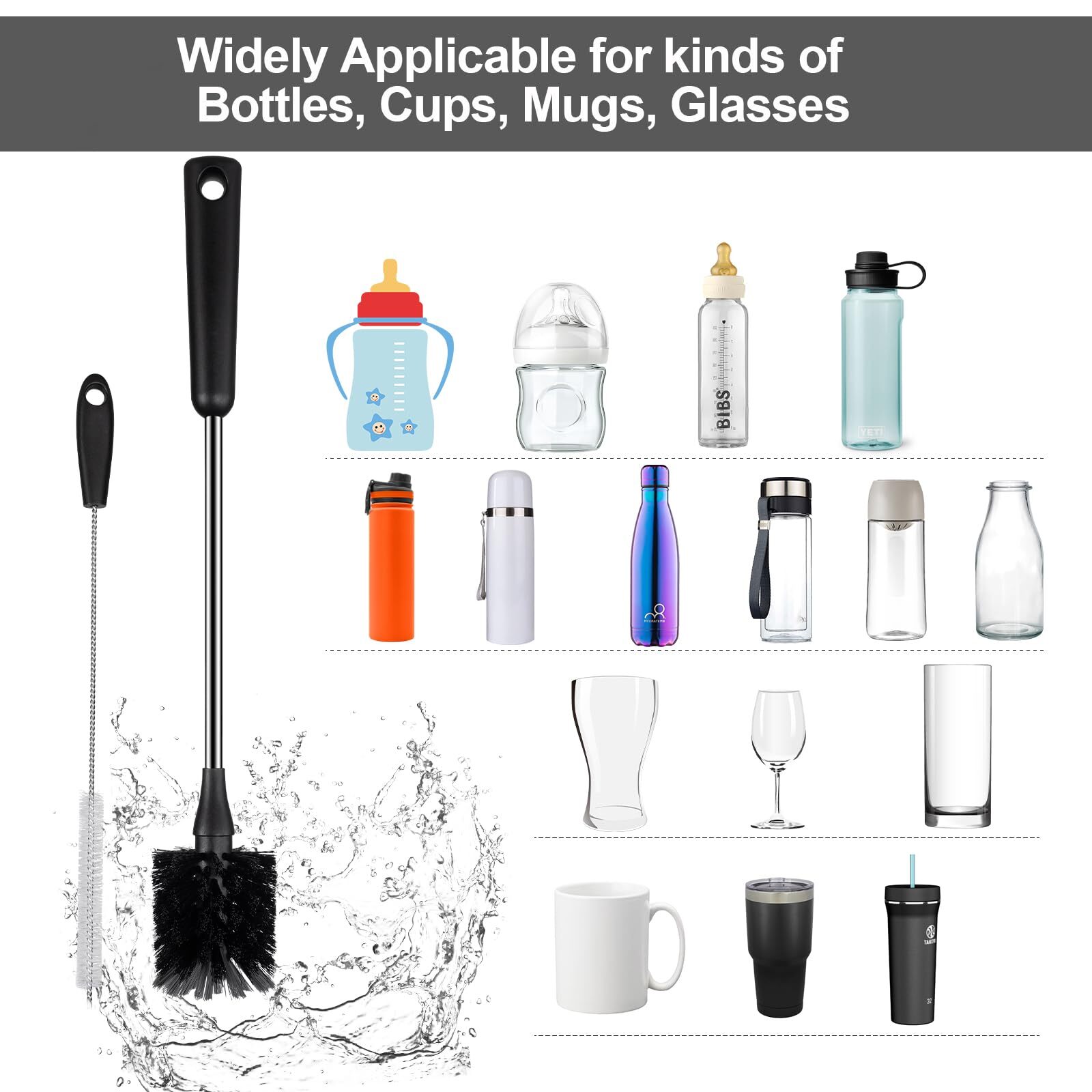 Water Bottle Brush with Straw Cleaner 15 Inches Stainless Steel Handle Baby B…