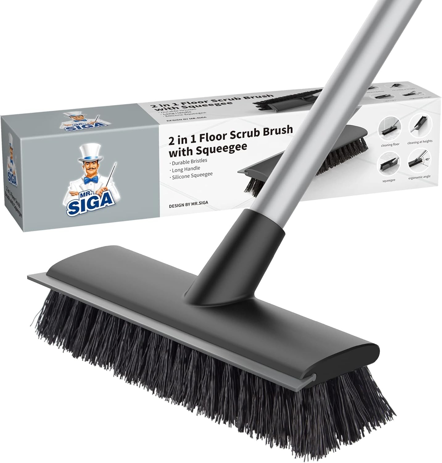 Floor Scrub Brush with Long Handle, 2 in 1 Scrubber and Squeegee。