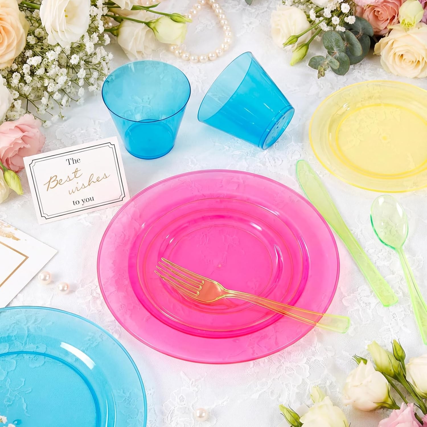 Supernal 216pcs Plastic Dinnerware Set include Rainbow Disposable Plates for P
