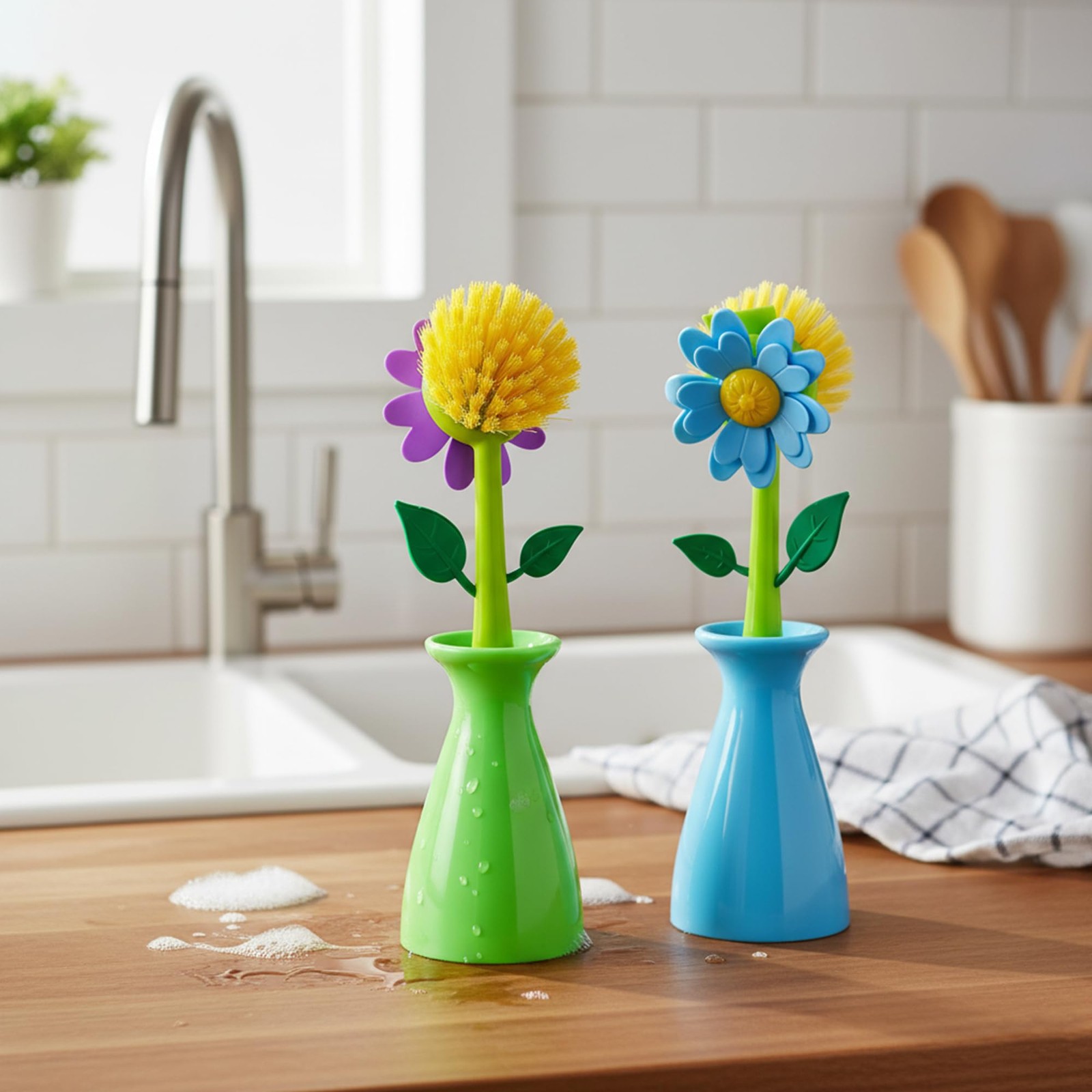 Long Handle Vegetable and Fruit Brush, Florganic Dish Brush with Vase, Long H…