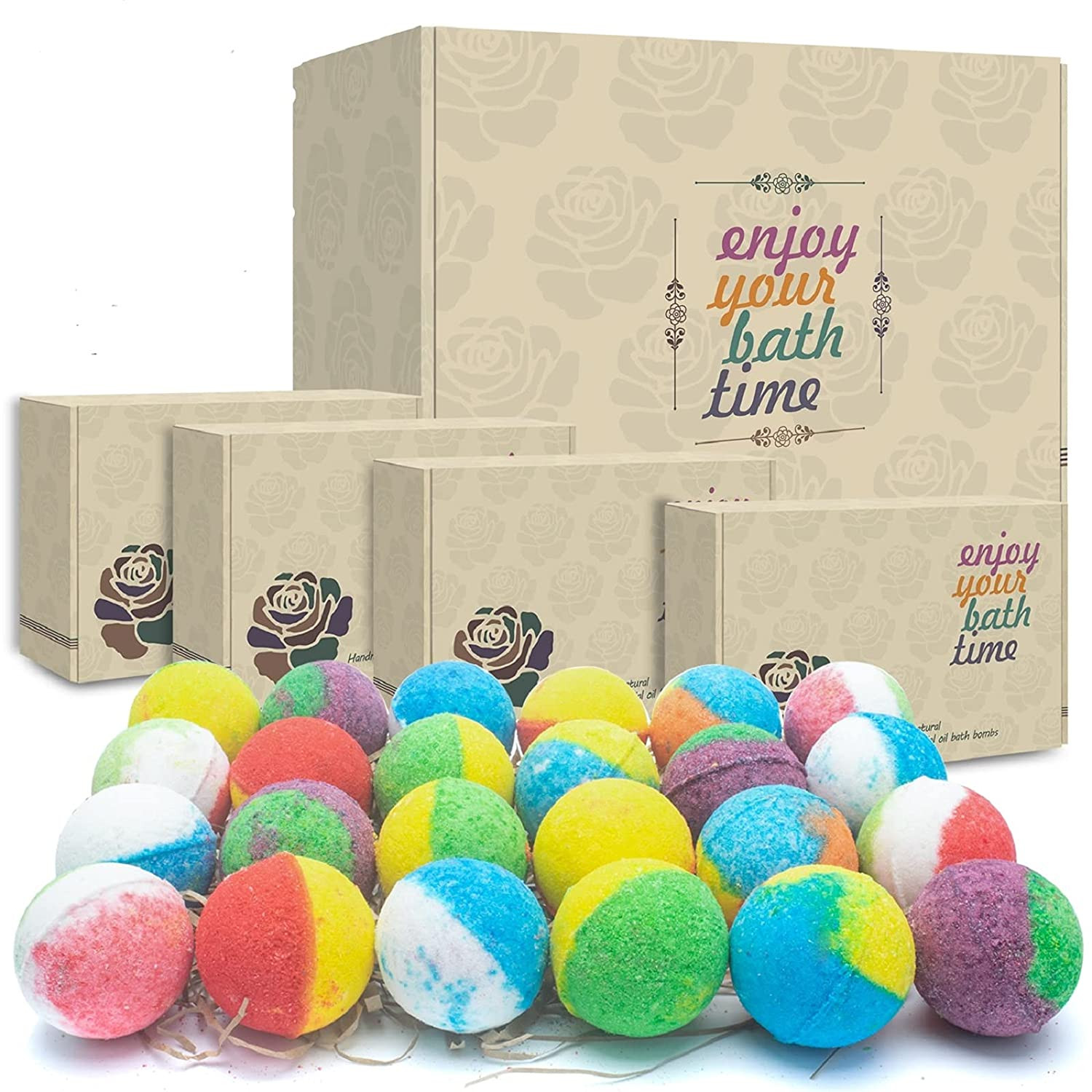 Organic Bath Bombs Gift Set, 24 Handmade Fizzies Rich in Essential Oil, Moisturi