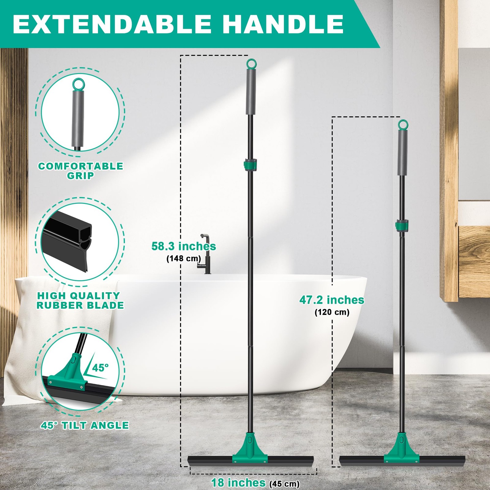 Floor Squeegee Heavy Duty with 58.3 inches Long Handle, Scraper Broom for Cle…
