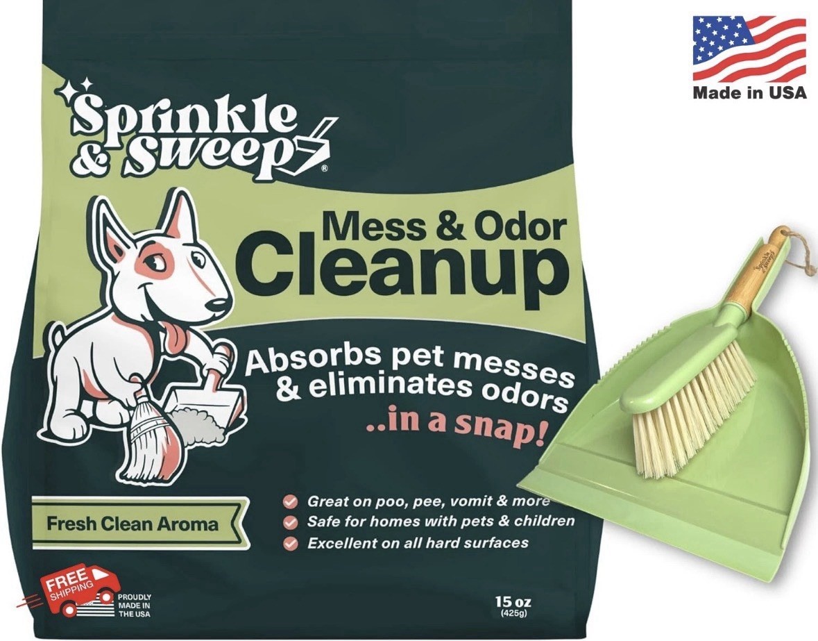 Sprinkle & Sweep Pet Mess Odor Cleanup Duo 15oz Bag Dustpan Broom Kit