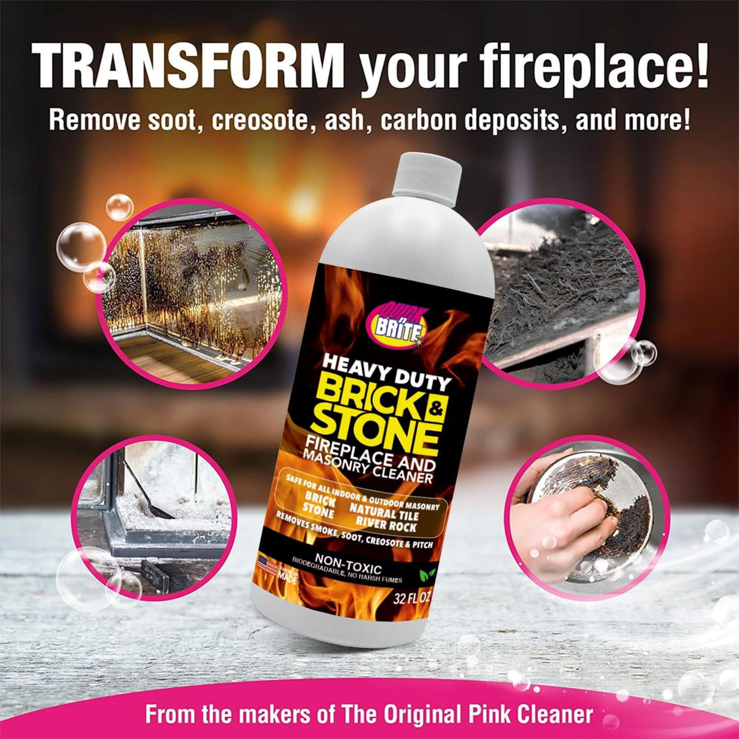 Quick’N Brite Fireplace Brick and Stone Cleaner 32Oz with Scrub Brush – Natural