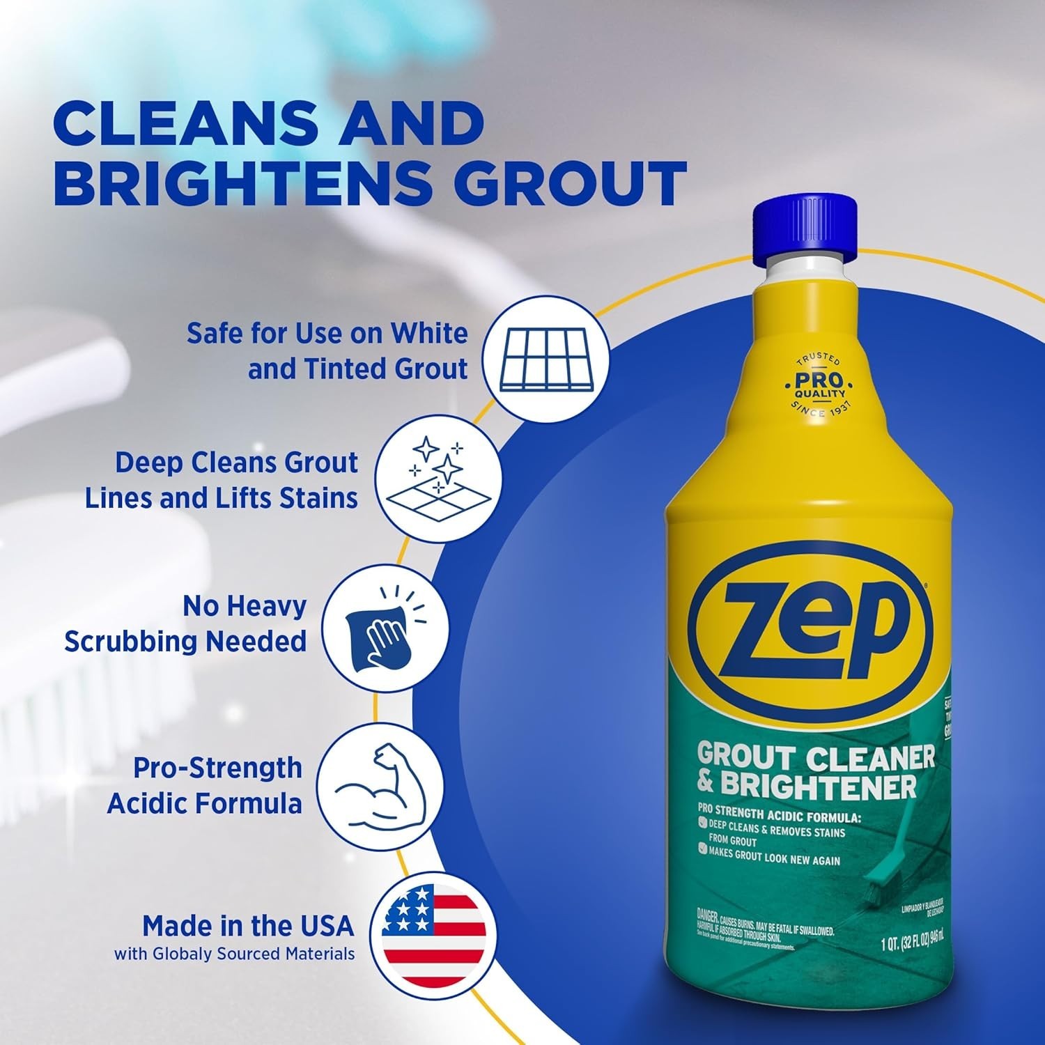 Zep ZU104632 Grout Cleaner and Brightener, 32 Ounce Deep Cleaning Stain Remover