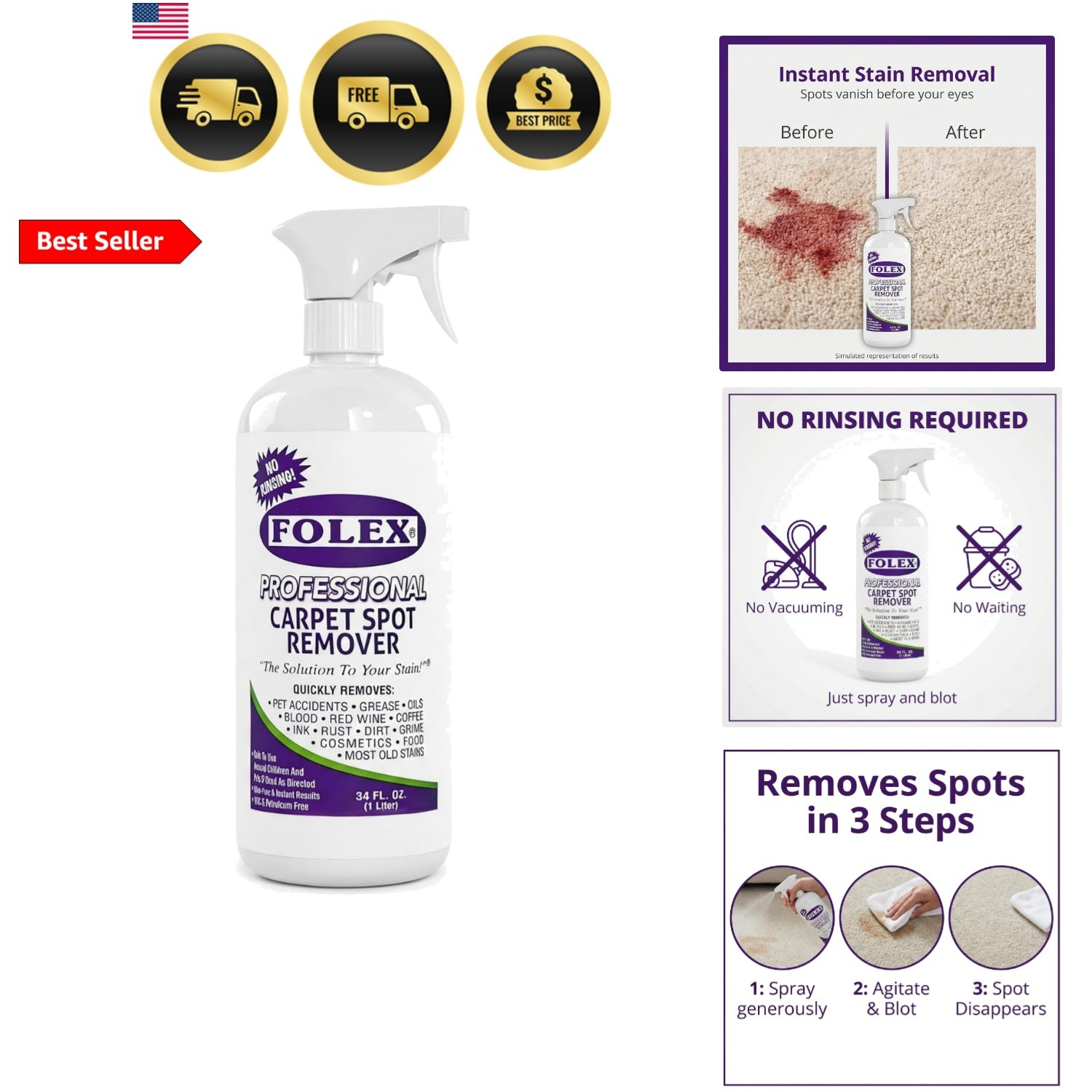 Professional Carpet Cleaner Spray 34 oz – Pet Stain Removal – Instant Stain R…