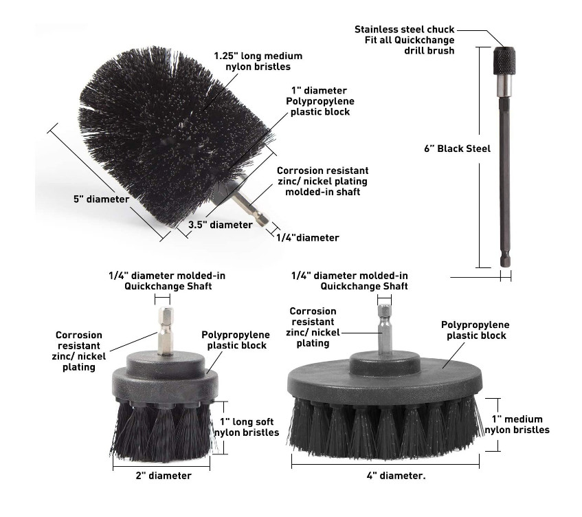 4 PACK Black Ultra Stiff Drill Brush SET for Heavy Duty Cleaning