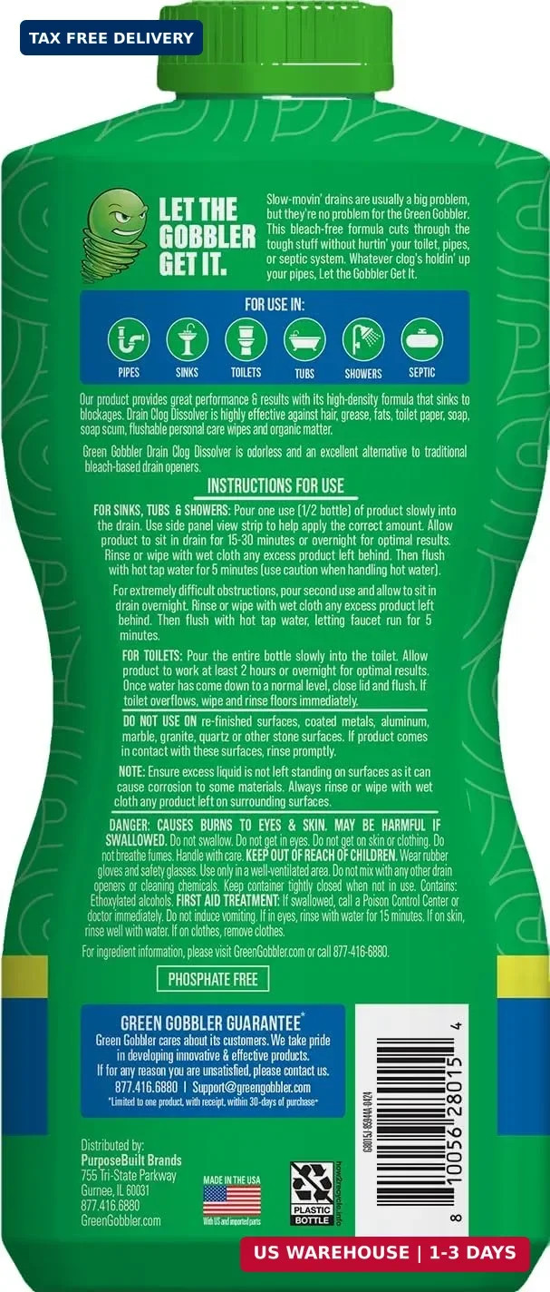 Green Gobbler Drain Clog Dissolver, Drain Opener-Cleaner ,Toilet Clog Remover, 3